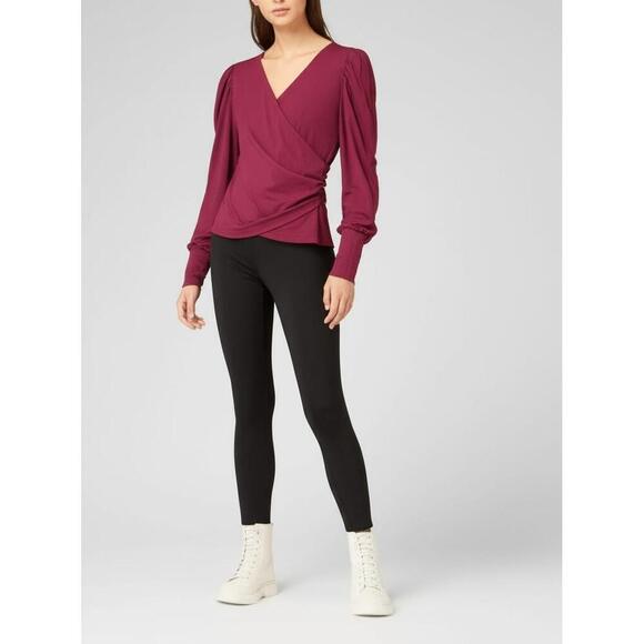 Tops - OGL BASICS Wrap Top Womens Size XS Maroon Flowy V-Neck Puffed Shoulders Effortle